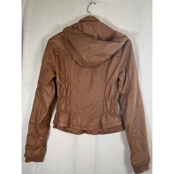 VTG Miss Posh Womens Size L Camel Vegan Faux Leather Zip Jacket Detachable Hood - Picture 13 of 13